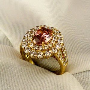 NEW Vintage JEAN DOUSSET BLUSH PINK Cubic Zirconias Double Halo Gold RING